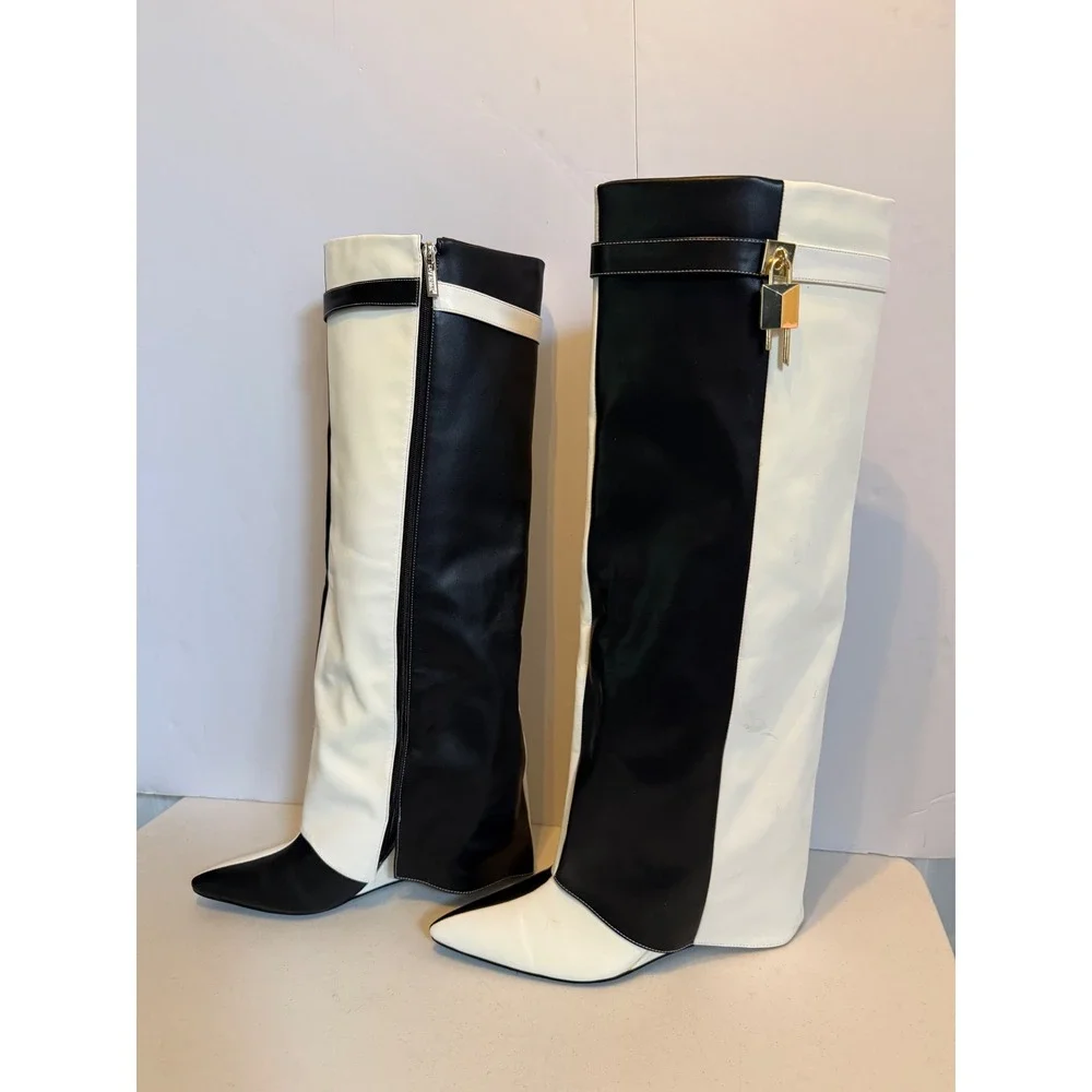 Cape Robbin Shark Padlock Black White Colorblock Knee High Boots Pointed Toe 10